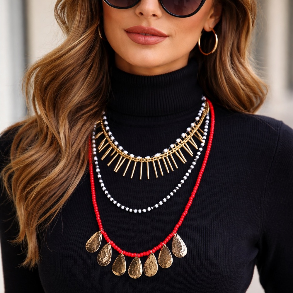 Plunder Layered Gold, Red, Black & White Beaded Necklace